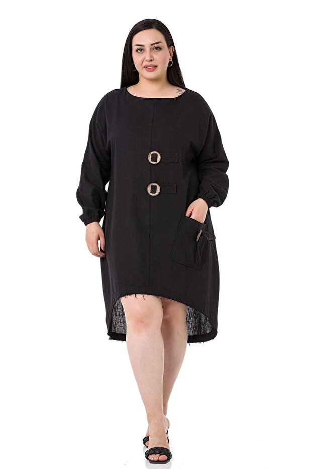 Large Size Buckle Detailed Sleeve Elastic Back Long Linen Black Tunic Dress