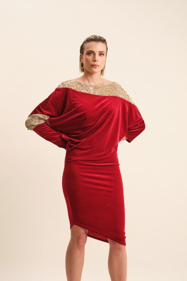 Işlemeli Kadife Abiye Elbise - 6