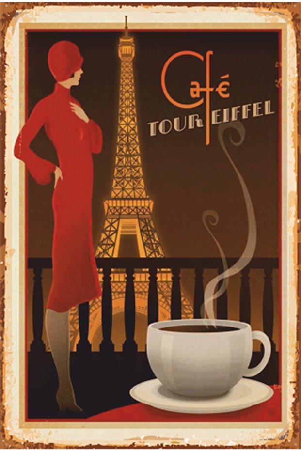 France Paris Eiffel Tower Coffee Retro Wooden Poster