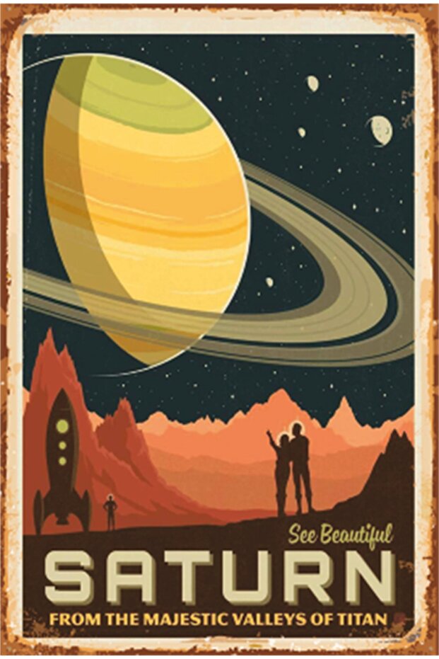 Fun Space and Planets Saturn Retro Wooden Poster