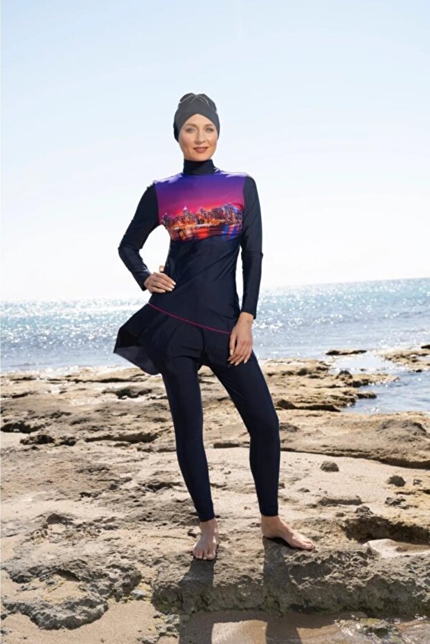 Navy Blue Patterned Waiter Full Size Lycra Hijab Swimsuit
