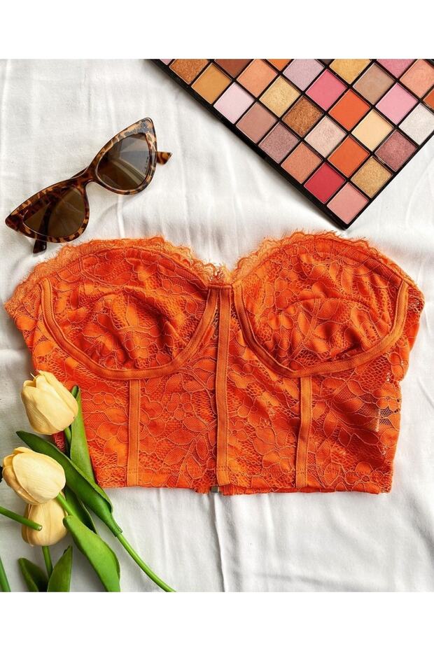 Turuncu Dantel Büstiyer - 1