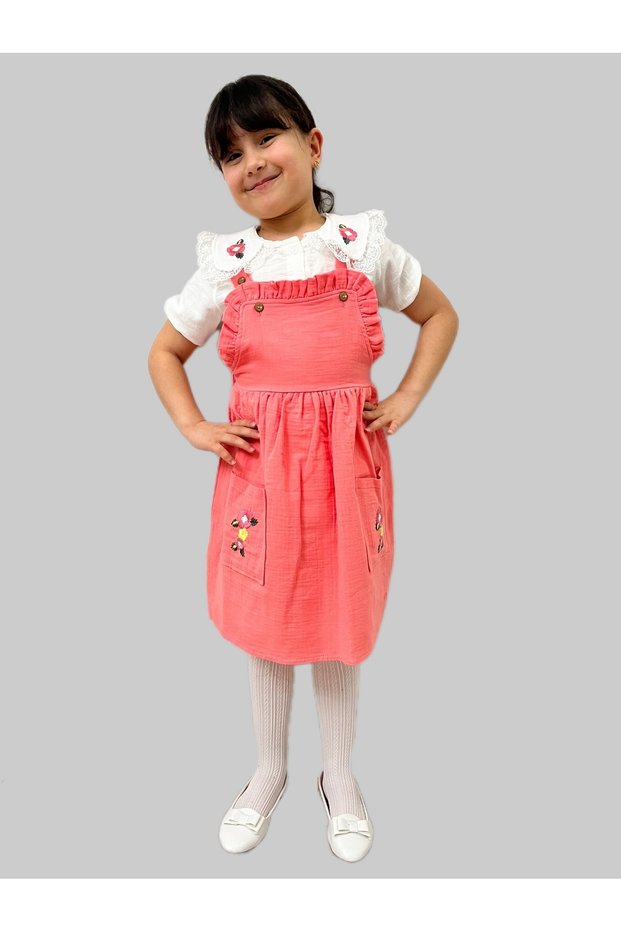 Girl's Dress/Floral Embroidered/shirted Salopet Dress/Muslin Dress