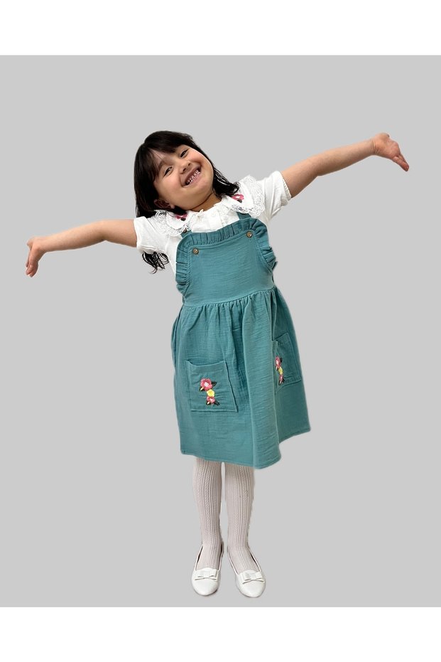 Girl's Dress/Floral Embroidered/shirted Salopet Dress/Muslin Dress