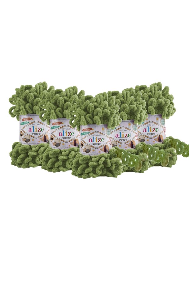 Puffy "5 Pieces" 485 Turtle Green Hand Knitted Threads Slippers Blanket Scarf Cardigan Etc