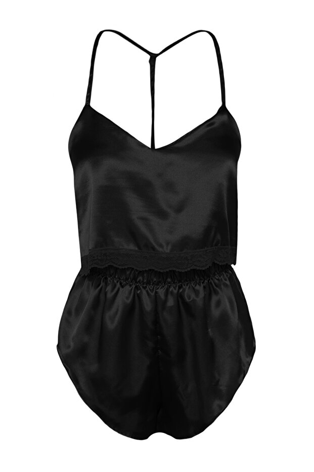 Siyah Dantelli İp Askılı Crop Saten Şortlu Dokuma Pijama Takımı THMSS22PT0264 - 7