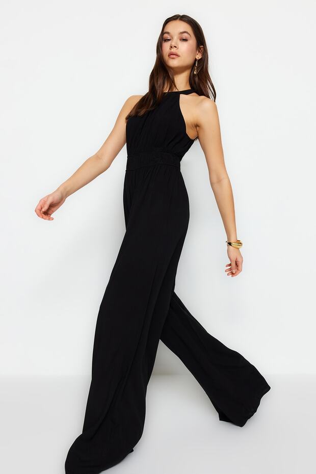 Siyah Beli Büzgü Detaylı Geniş Paça Maxi Dokuma Tulum TWOSS23TU00121 - 5