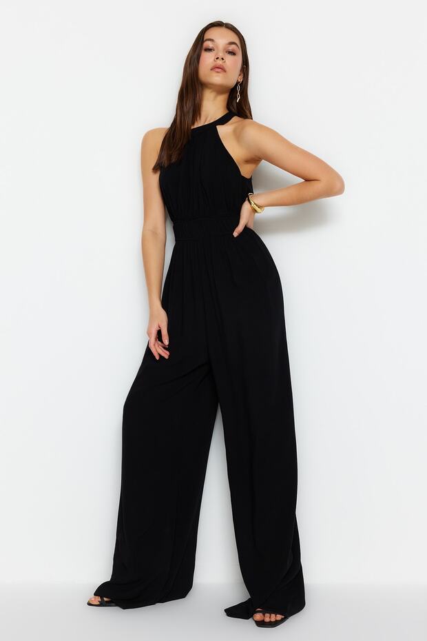 Siyah Beli Büzgü Detaylı Geniş Paça Maxi Dokuma Tulum TWOSS23TU00121 - 6