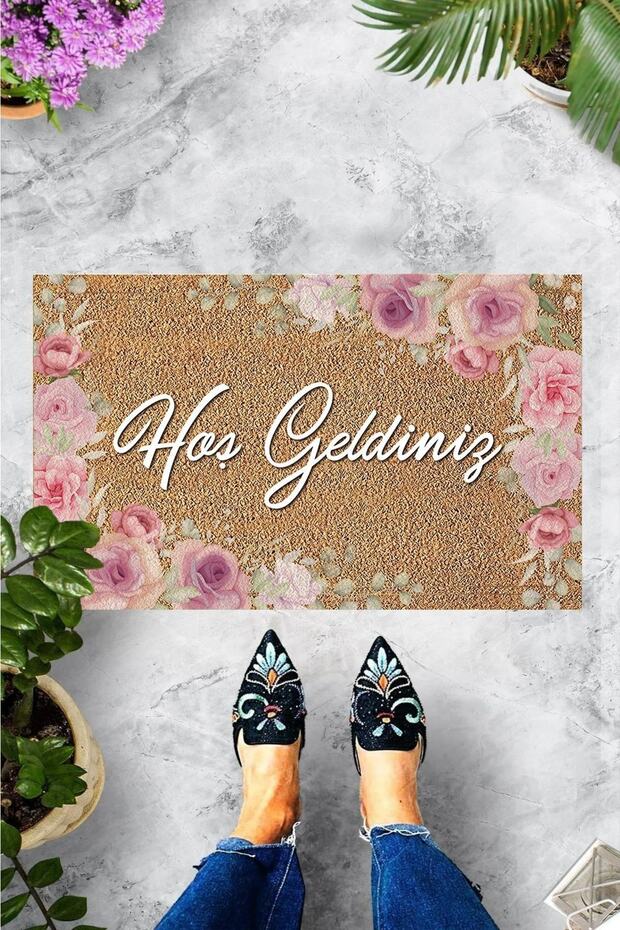 Hoşgeldiniz Mor Gül Dekoratif Kapı Önü Paspası - 1