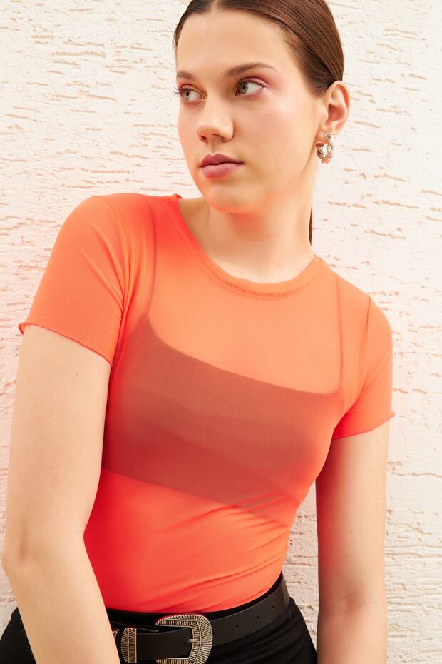 Women's Orange Crew Neck Short Sleeve Baby Overlock Detailed Tulle Transparent Blouse