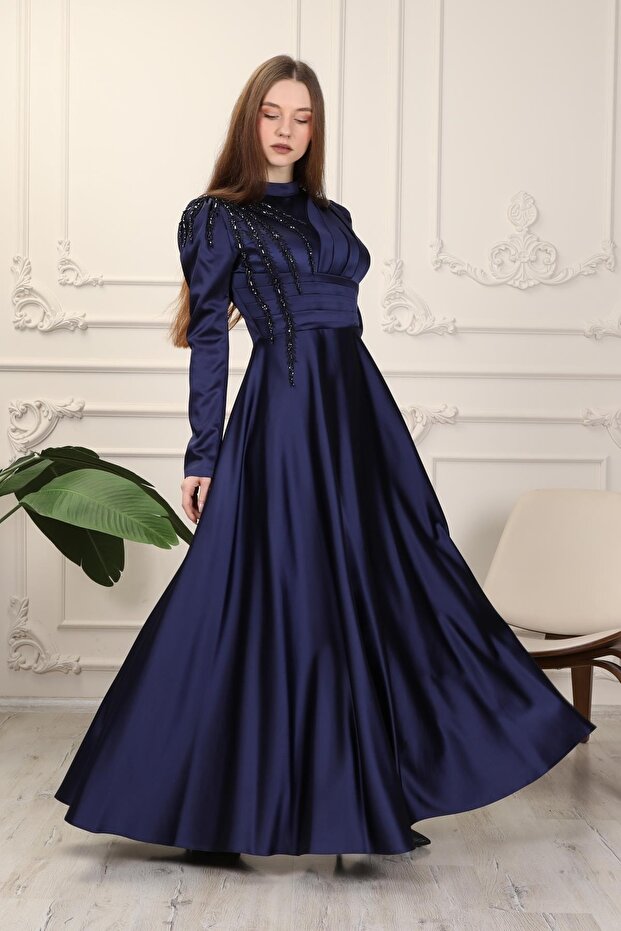 Navy Blue Embroidered Satin Hijab Evening Dress
