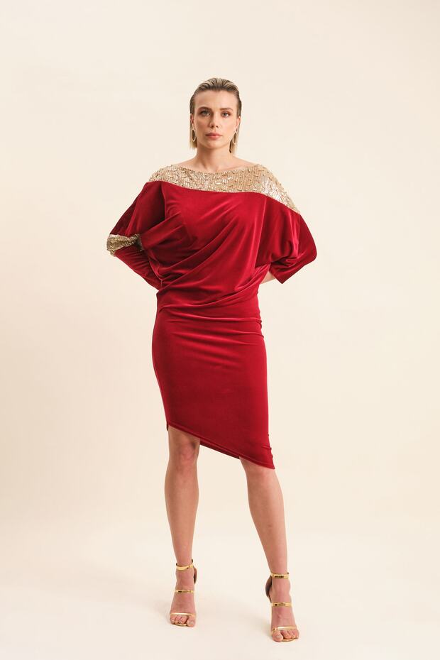 Işlemeli Kadife Abiye Elbise - 1