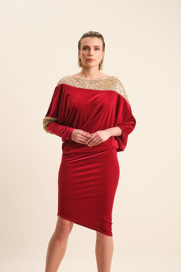 Işlemeli Kadife Abiye Elbise - 5