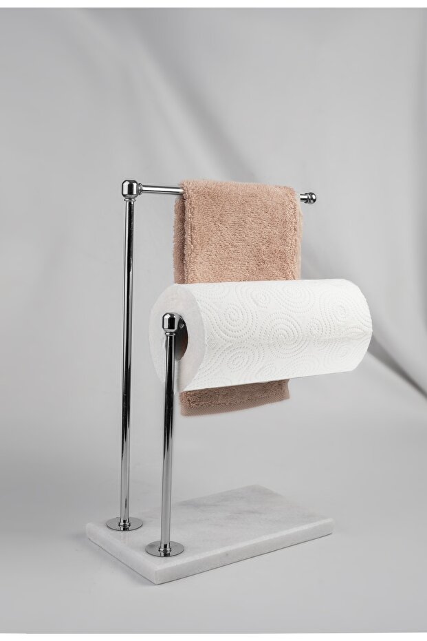 Natural Marble Silver Decorative Towel Holder Bathroom Organizer, Metal Profile Rod