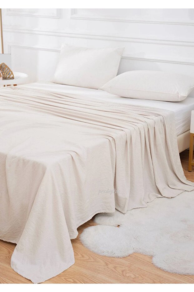 Bedspread Plain Plain Cotton Linen Beige - 1