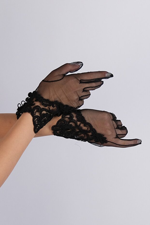 Black Special Design Ruched Short Stylish Bridal Gloves Special Design Gloves for Parties and Special Occasions