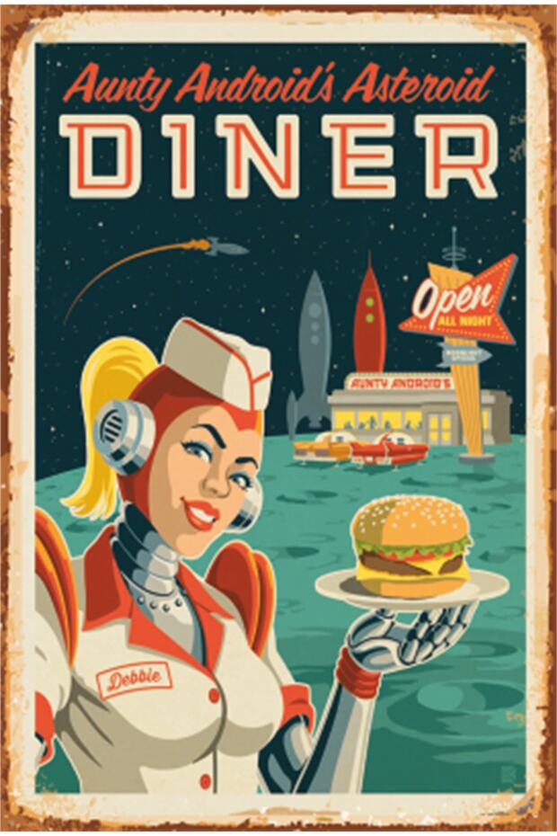 Fun Space and Planets Hamburger Retro Wooden Poster
