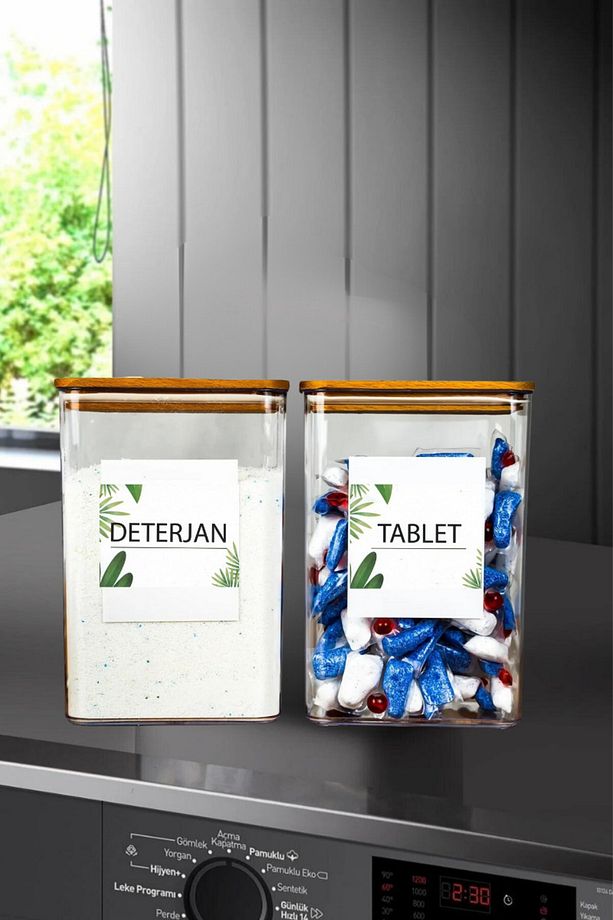 Banyo Saklama Kabı 2,9lt 2'li Set Tablet/deterjan Kabı Kutusu Ahşap Ağaç Vakum Kapaklı Ahşap - 1