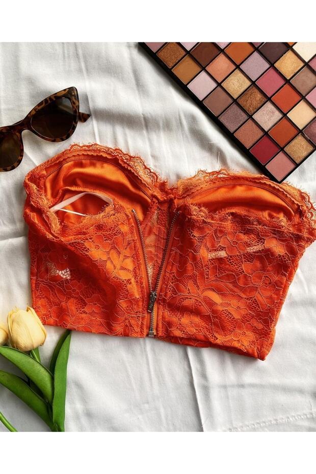 Turuncu Dantel Büstiyer - 2
