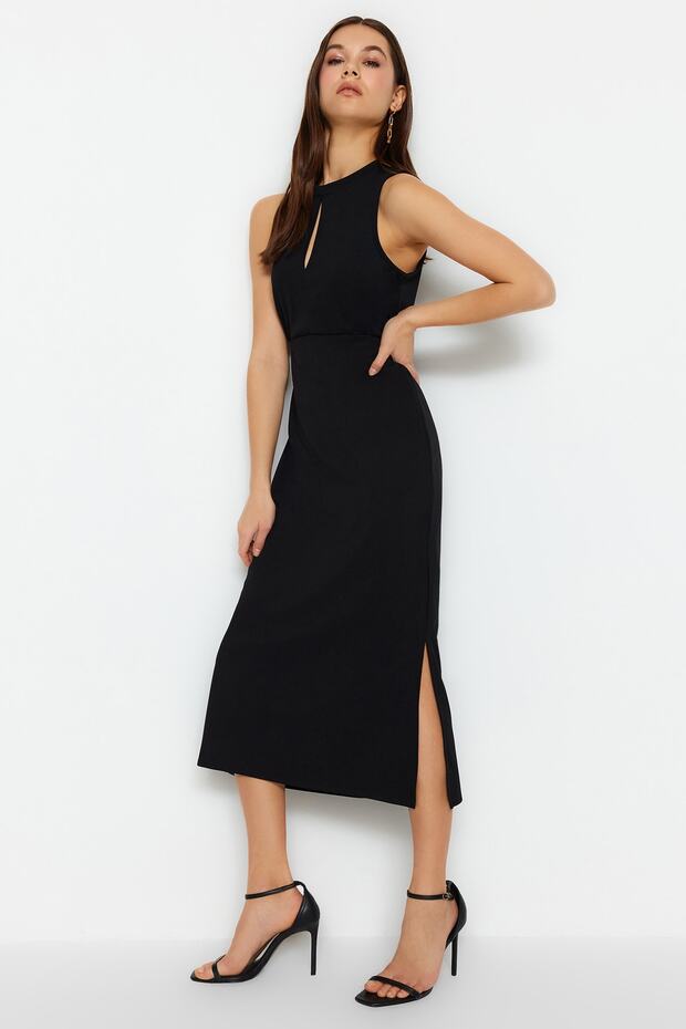 Siyah Cut Out Detaylı Bodycone/Vücuda Oturan Dik Yaka Örme Kalem Elbise TWOSS23EL02166 - 3