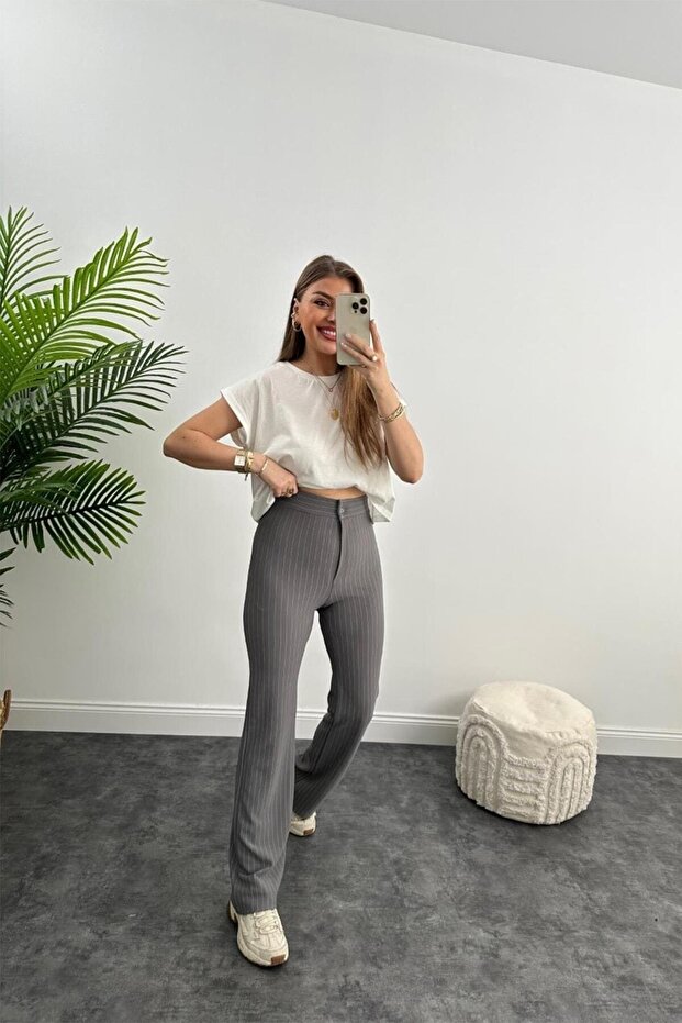 Ultra High Waist Crepe Fabric Lycra Palazzo Striped Trousers Gray