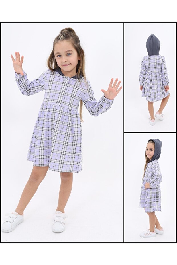 Lilac Pitched Cotton Hooded Girl's Dress with Snap Fasteners on the Front