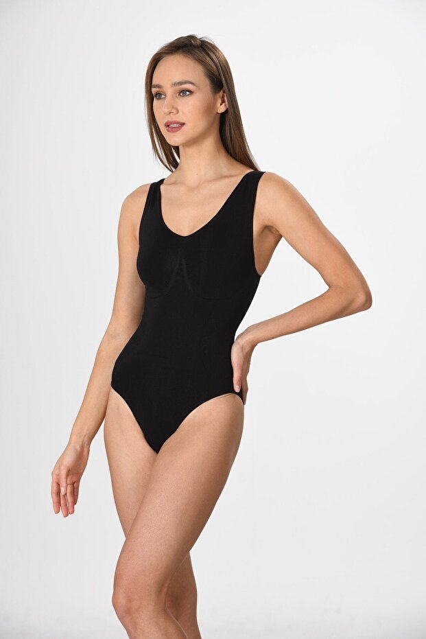 1904 Women's Black Seamless Thick Strap Snap Fastener Knitted Slip Model Body Corset