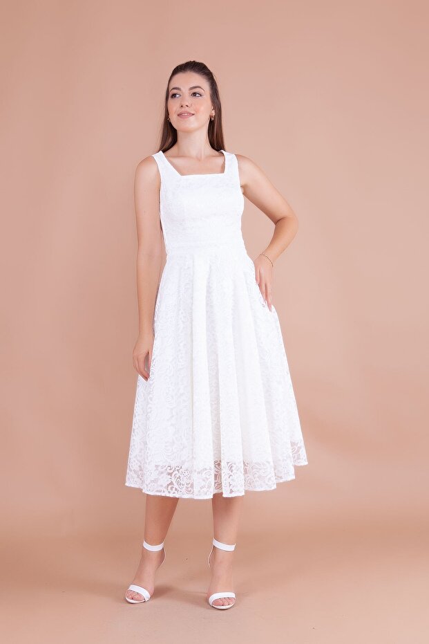 French Lace Square Collar Midi Length Sleeveless Thick Strap Evening & Invitation & Graduation Dress