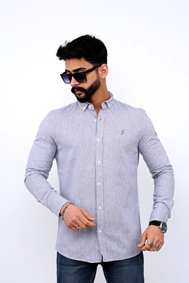 Men's Embroidery Detailed Linen Shirt-grey Hmd0003