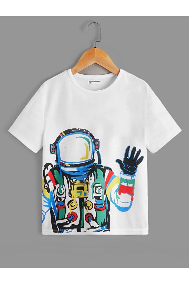 تي شيرت أبيض للأطفال برقبة دائرية مقاس كبير مطبوع عليه Hello Astronaut