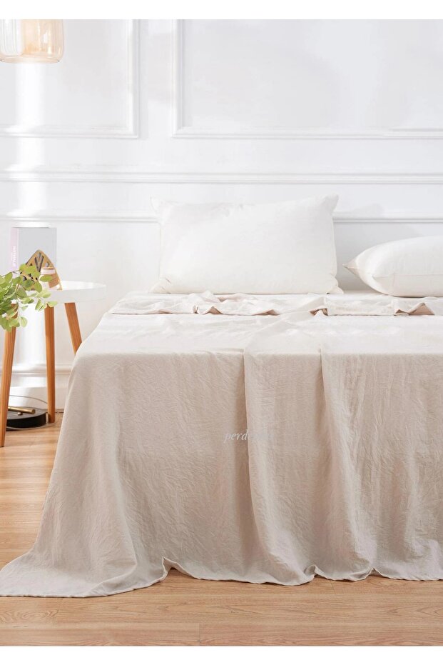 Bedspread Plain Plain Cotton Linen Beige - 2