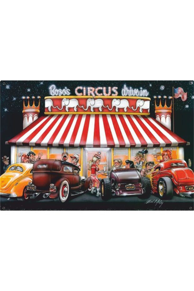 Classic Cars in Front of the Circus Retro Wooden Poster