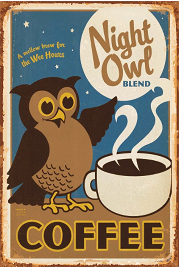 Night Owl Coffee Kitchen Retro Wooden Poster
