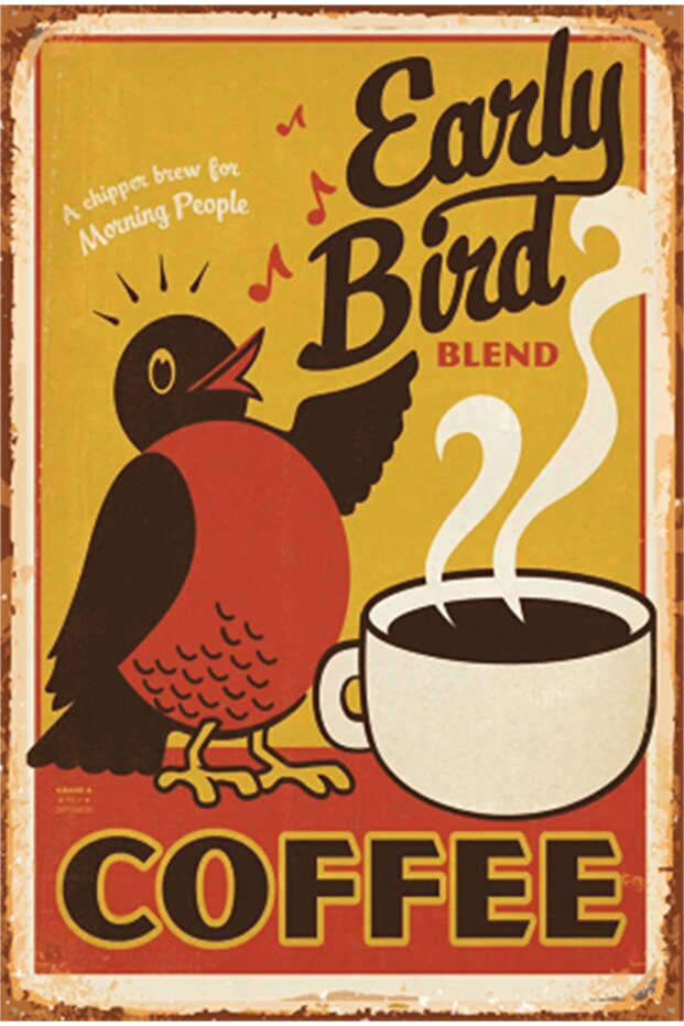 Cute Bird Coffee Kitchen Decoration Retro Wooden Poster