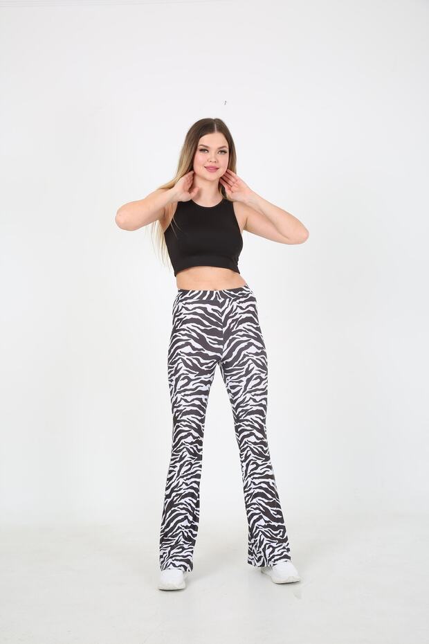 Zebra Desenli Polyester Bedeni Saran Ispanyol Paça Pantolon - 1