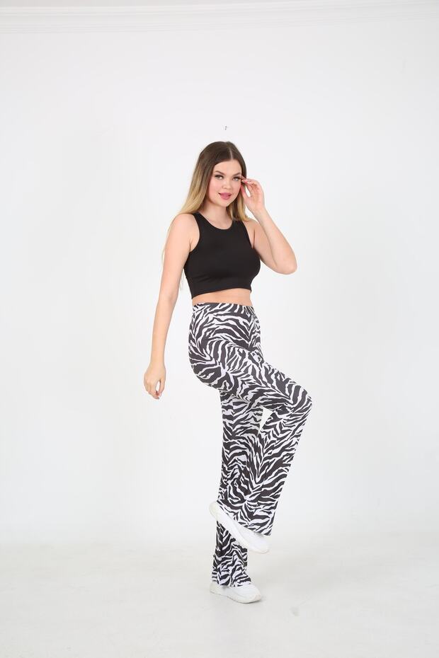Zebra Desenli Polyester Bedeni Saran Ispanyol Paça Pantolon - 3