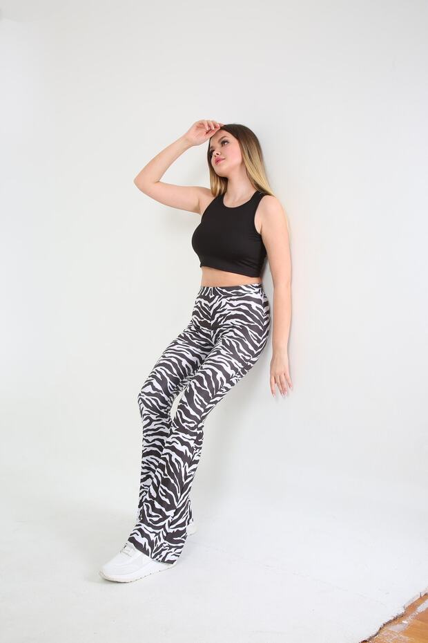 Zebra Desenli Polyester Bedeni Saran Ispanyol Paça Pantolon - 5