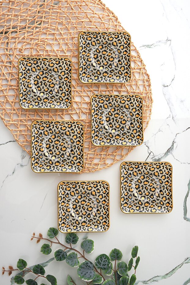 طبق شاي مربع بنمط الفهد 6 قطع 11.5 سم