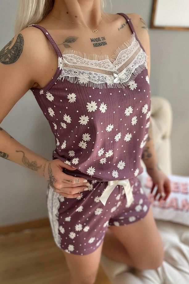 Mor Benek Papatya Dantel Detaylı Ip Askı Şortlu Örme Pijama Takımı - 5