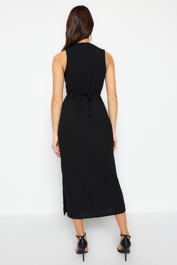 Siyah Cut Out Detaylı Bodycone/Vücuda Oturan Dik Yaka Örme Kalem Elbise TWOSS23EL02166 - 5