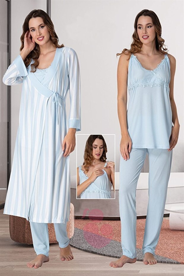 Women's Blue Striped Strappy Cotton Maternity Maternity Dressing Gown and Pajamas Set