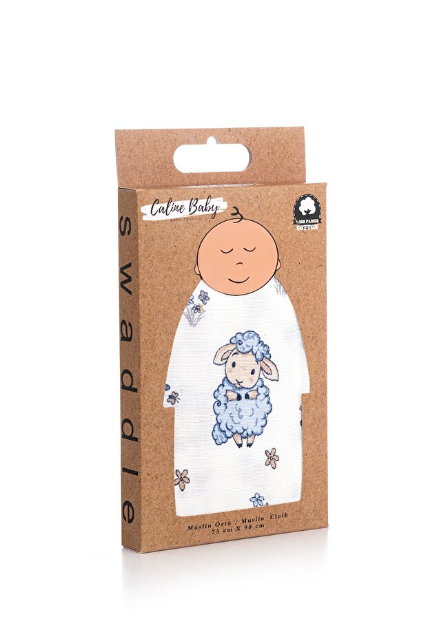 Muslin Cloth Cover Lamb Pattern - Blue 90x75 Cm + 2 Mouth Wipes