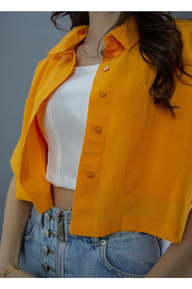 Çift Cepli Crop Gömlek - 5