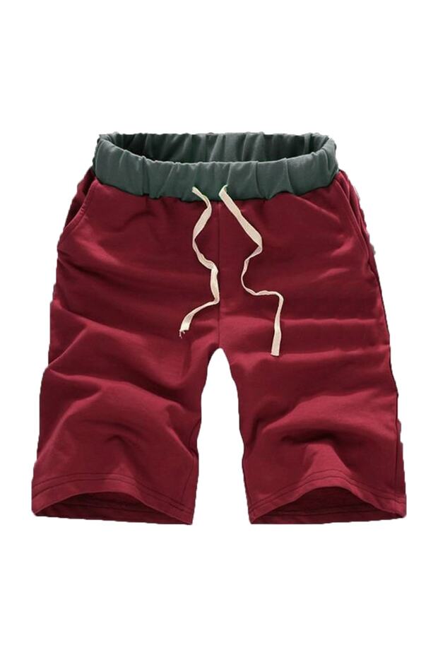 Plain Burgundy Color Men's Shorts - Elastic Waist and Cord