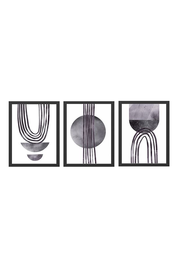 Ahşap Çerçeveli Abstract Shapes 3'lü Tablo Seti - 1