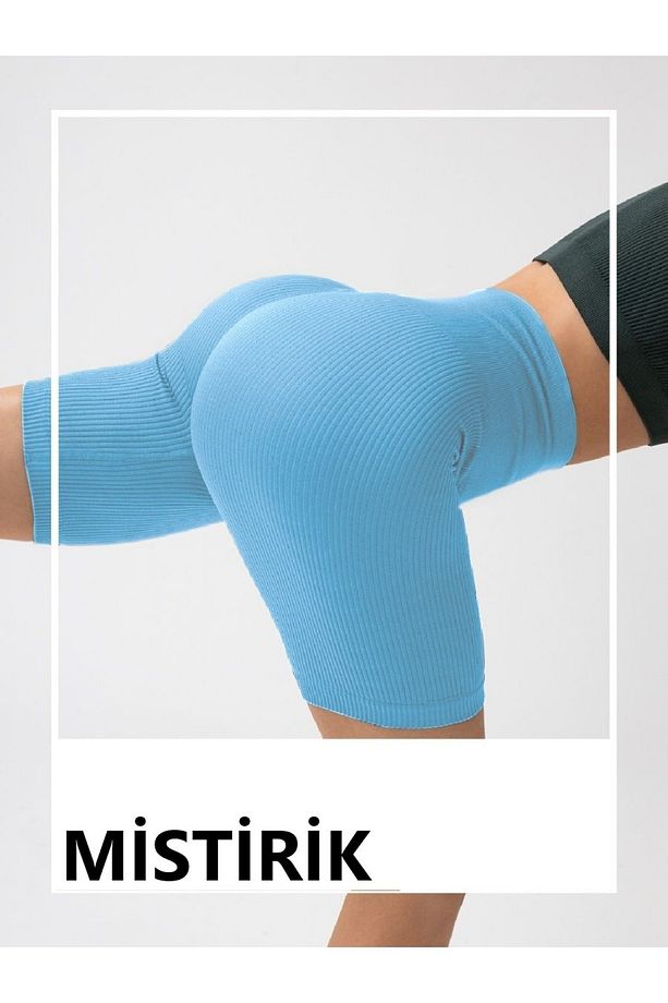Dublin Model Fitilli Örme Şort Seamless Model Biker Şort Spor Şort Kısa Şort Buz Mavisi Renk - 6