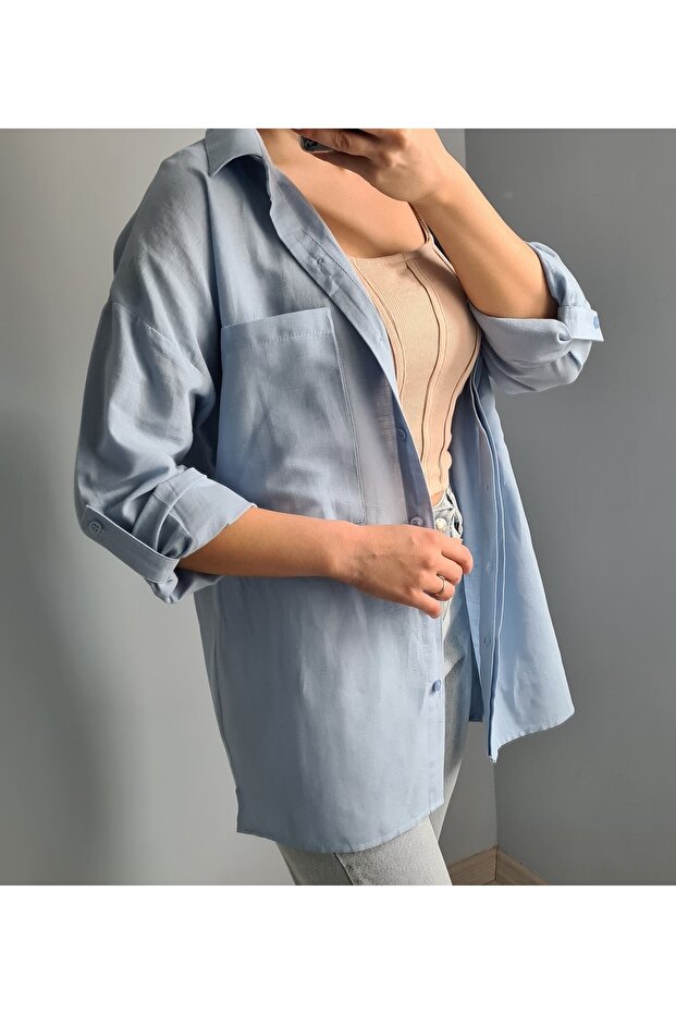 Kol Katlamalı Keten Gömlek - 1