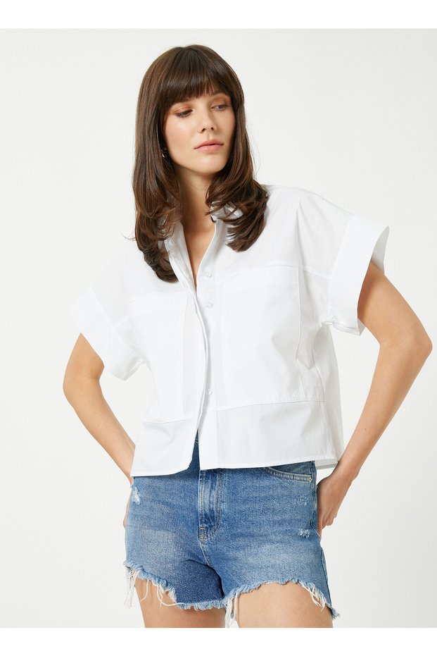 Standard Shirt Collar Plain Off-White Women's Shirt 3sak60018pw
