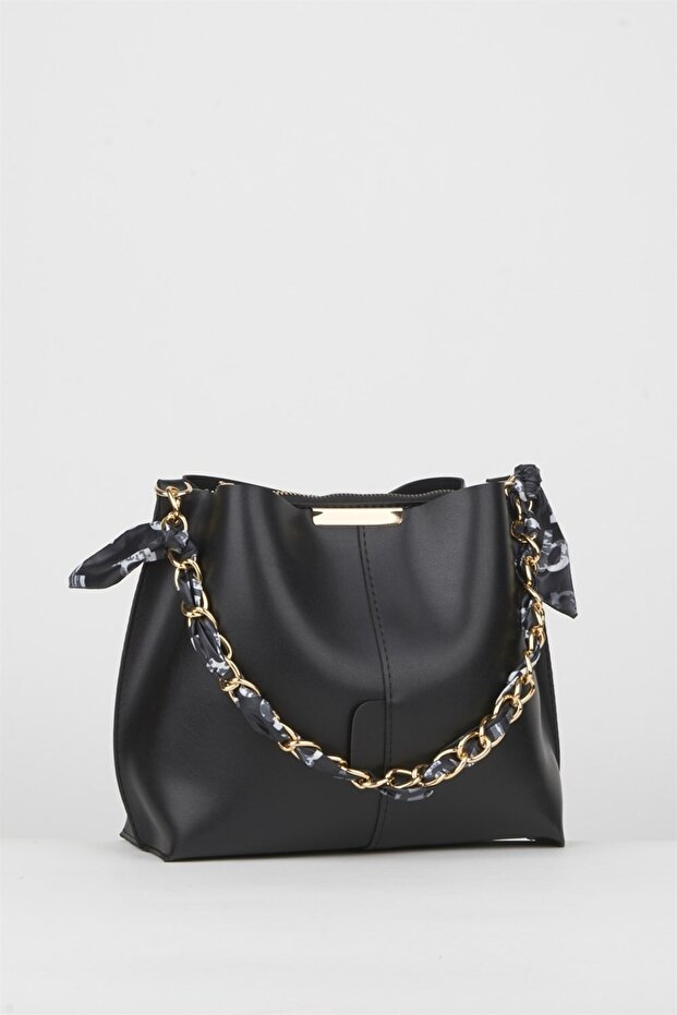 Women's Black Scarf and Chain Accessory Soft Leather 3-Compartment Handbag and Shoulder Bag