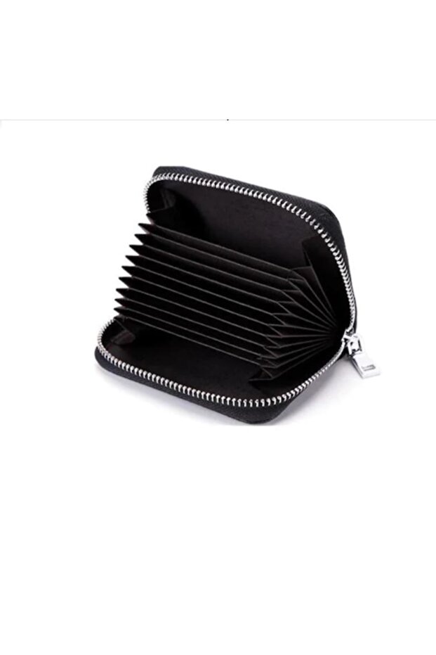 Women's Credit Card Holder Mini Black Genuine Leather Wallet with Ten Compartments